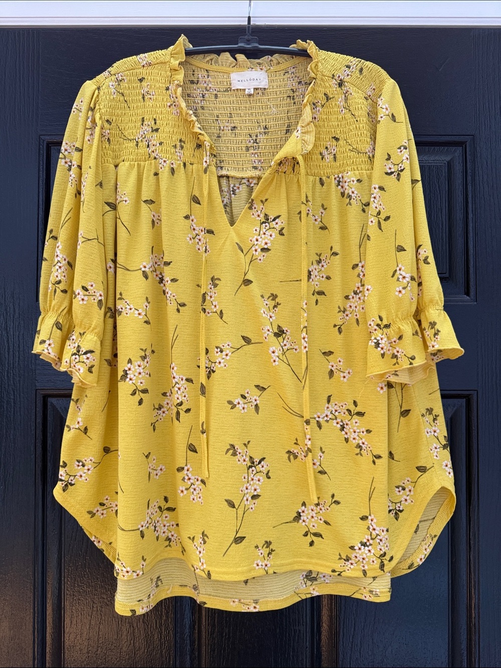 MELLODAY Golden Yellow Floral Smocked V-Neck Blouse